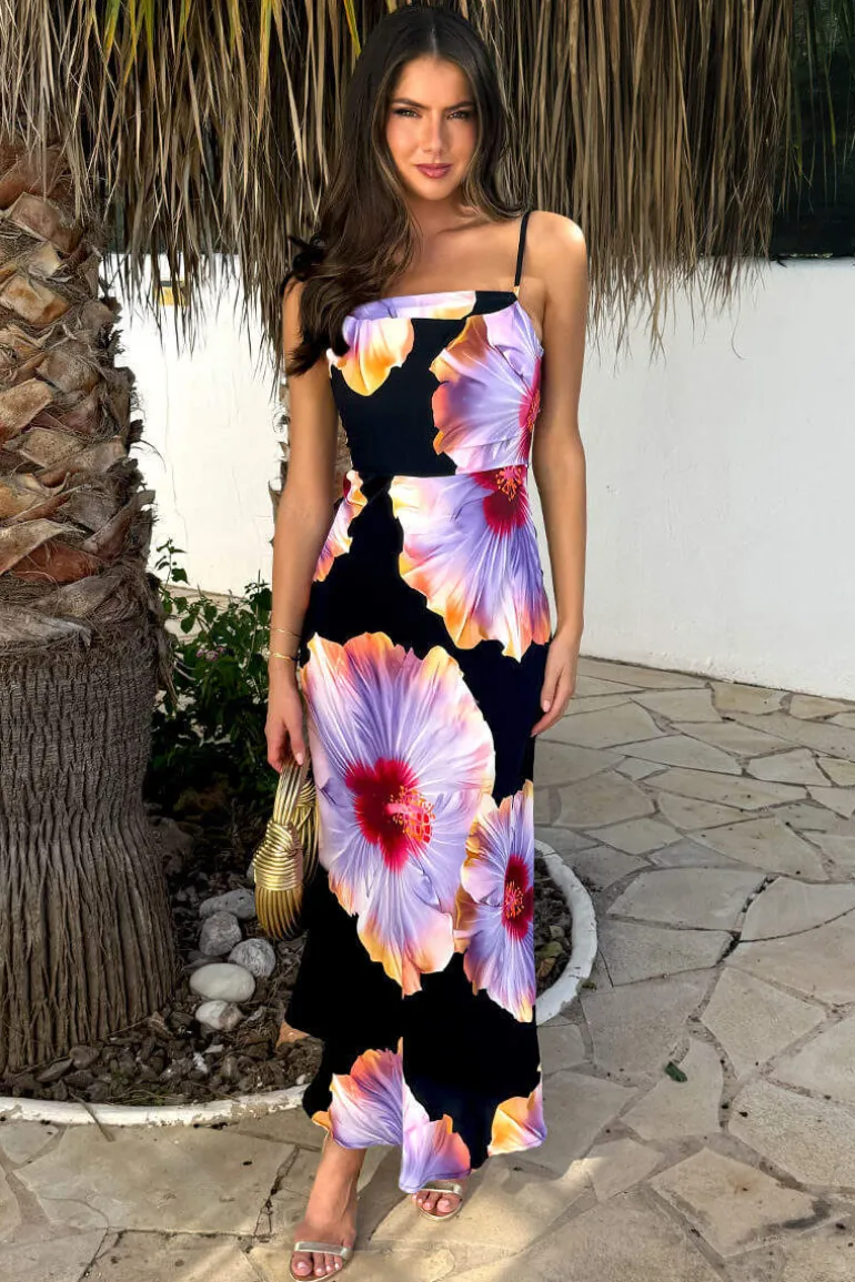 Black And Lilac Floral Print Strappy Slip Midi Dress