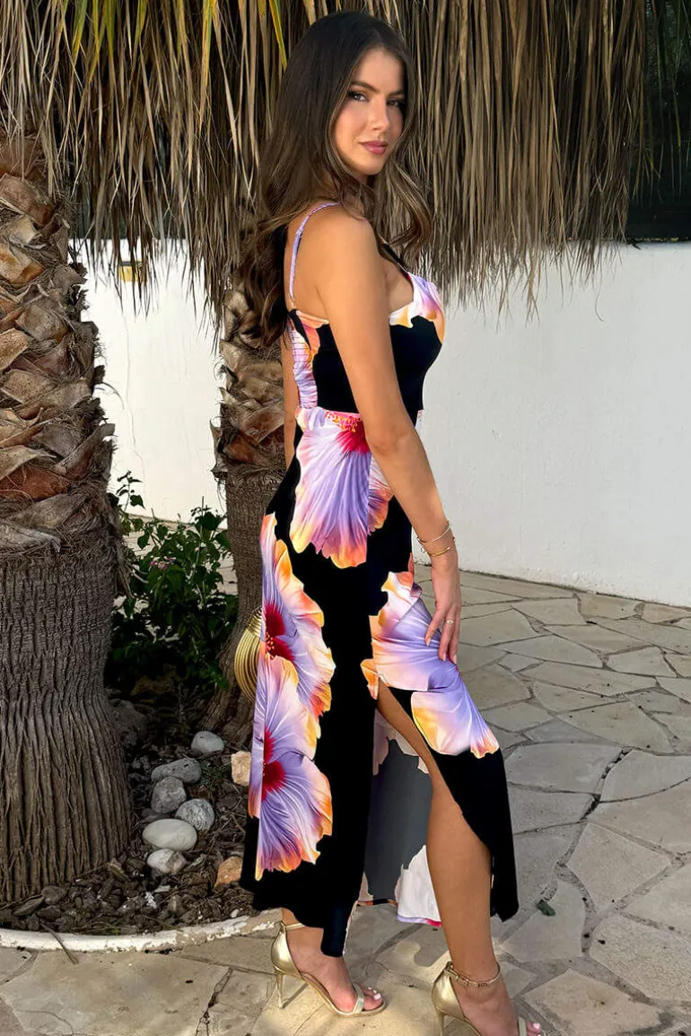 Black And Lilac Floral Print Strappy Slip Midi Dress