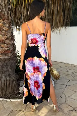 Black And Lilac Floral Print Strappy Slip Midi Dress