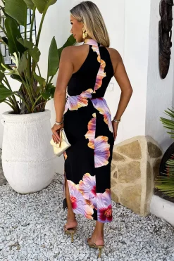 Black And Lilac Floral Print Halter Neck Draped Waist Midi Dress