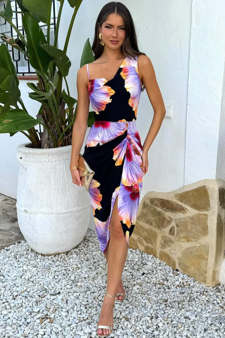 Black And Lilac Floral Print Strap Detail Gathered Skirt Midi Dress