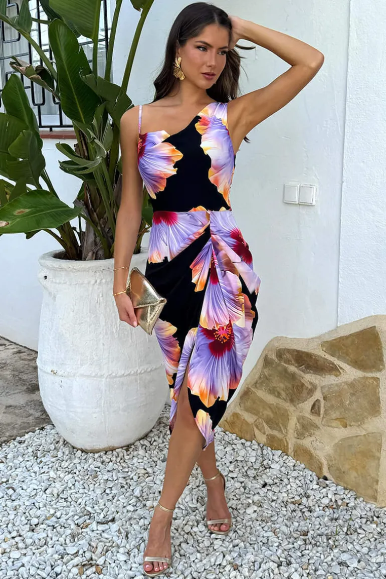 Black And Lilac Floral Print Strap Detail Gathered Skirt Midi Dress