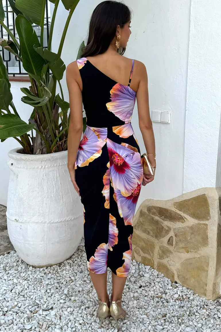 Black And Lilac Floral Print Strap Detail Gathered Skirt Midi Dress