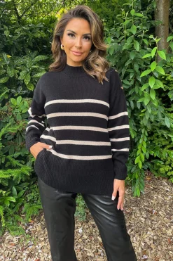 Black and Oatmeal Striped Button Detail Shoulder Knit Jumper