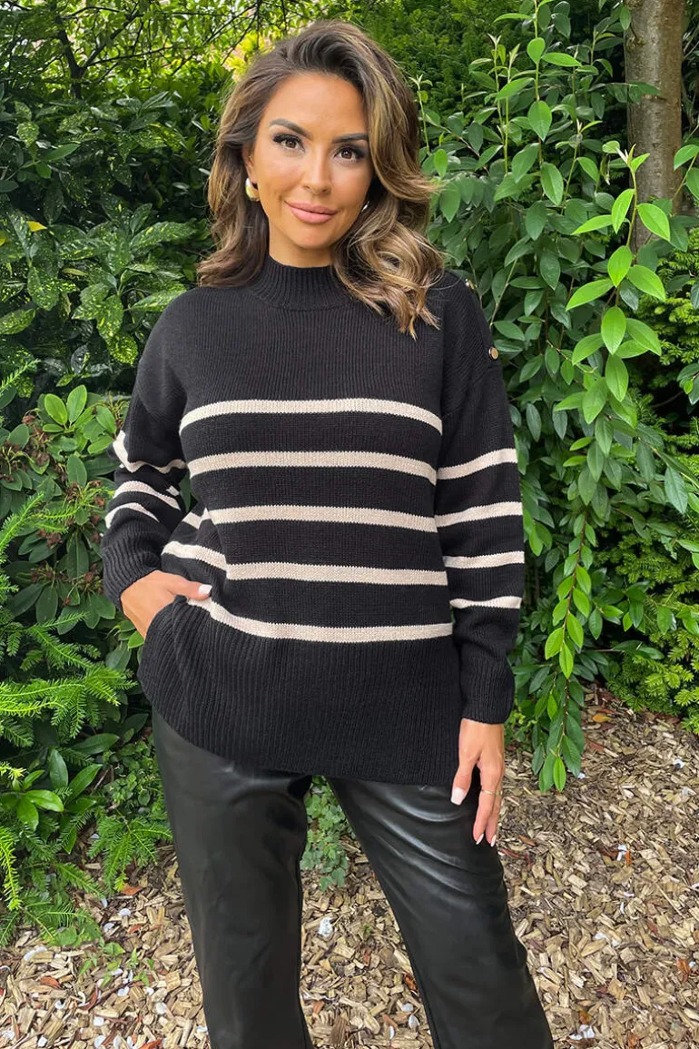 Black and Oatmeal Striped Button Detail Shoulder Knit Jumper