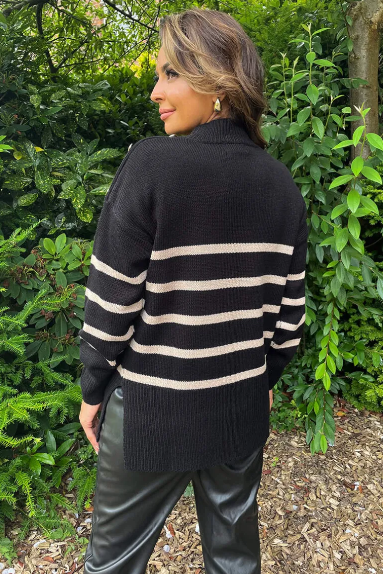Black and Oatmeal Striped Button Detail Shoulder Knit Jumper