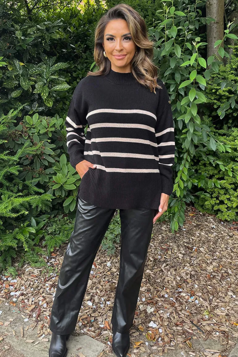 Black and Oatmeal Striped Button Detail Shoulder Knit Jumper