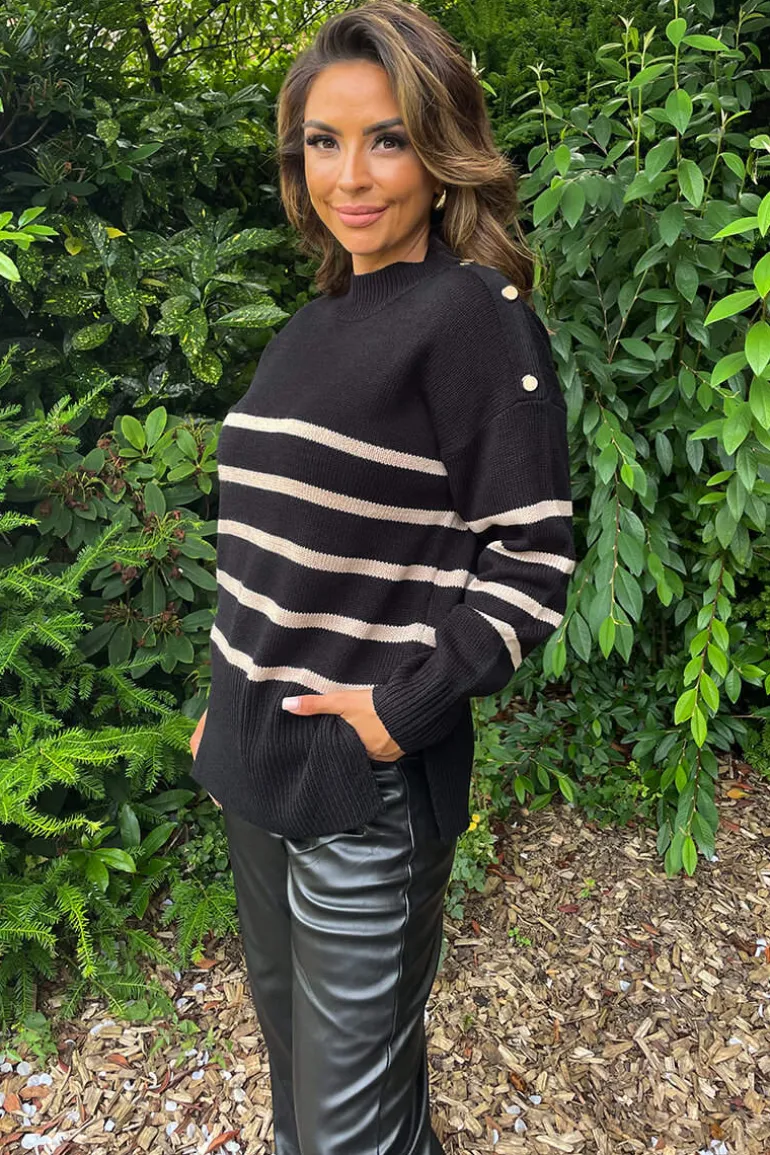 Black and Oatmeal Striped Button Detail Shoulder Knit Jumper