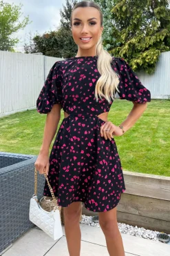 Black And Pink Floral Print Cut Out Day Dress