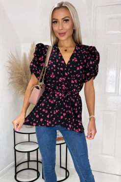 Black And Pink Floral Wrap Top