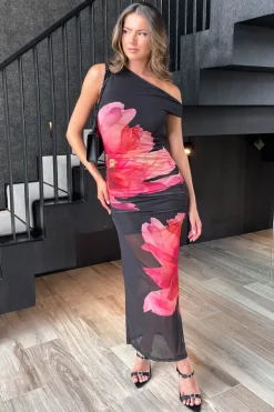 Black and Pink Flower Print Mesh Midi Dress