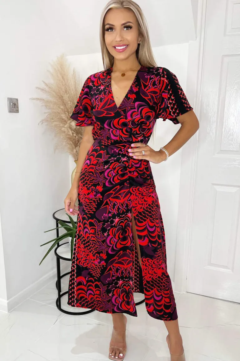 Black And Pink Printed Bell Sleeve Ruched Midi Dress