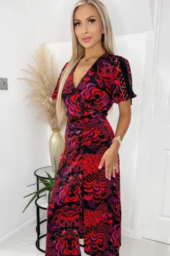 Black And Pink Printed Bell Sleeve Ruched Midi Dress