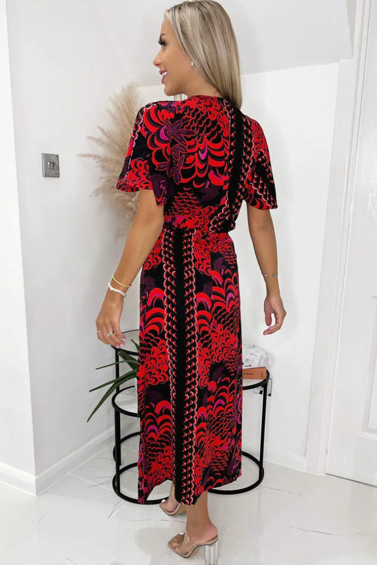 Black And Pink Printed Bell Sleeve Ruched Midi Dress