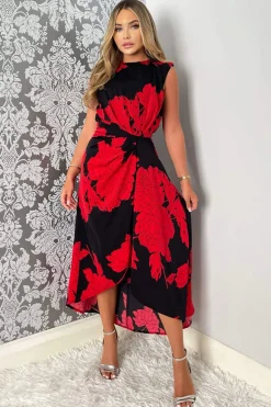Black And Red Floral Print Wrap Midi Dress