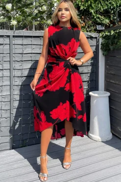 Black And Red Floral Print Wrap Midi Dress
