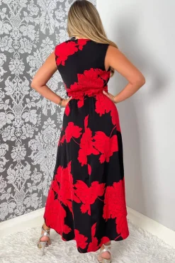 Black And Red Floral Print Wrap Midi Dress