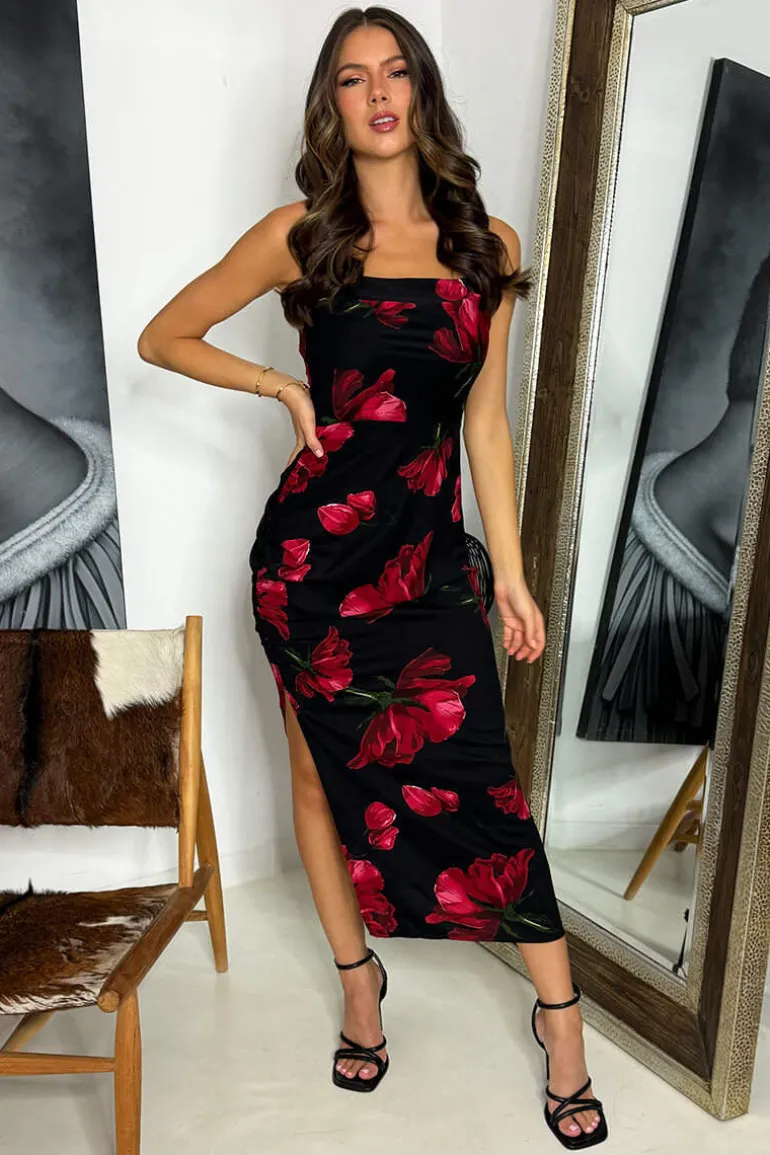 Black And Red Floral Print Ruched Side Strappy Midi Dress