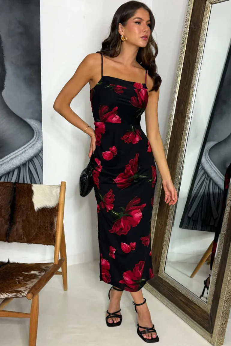 Black And Red Floral Print Ruched Side Strappy Midi Dress