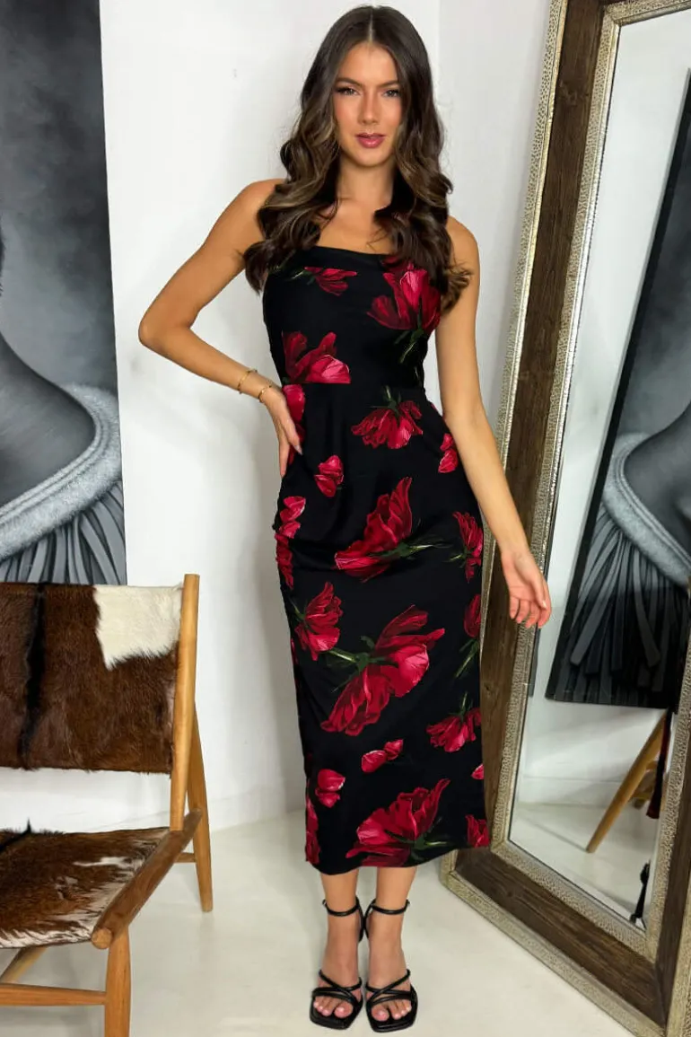 Black And Red Floral Print Ruched Side Strappy Midi Dress
