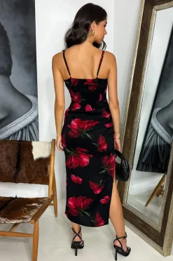 Black And Red Floral Print Ruched Side Strappy Midi Dress