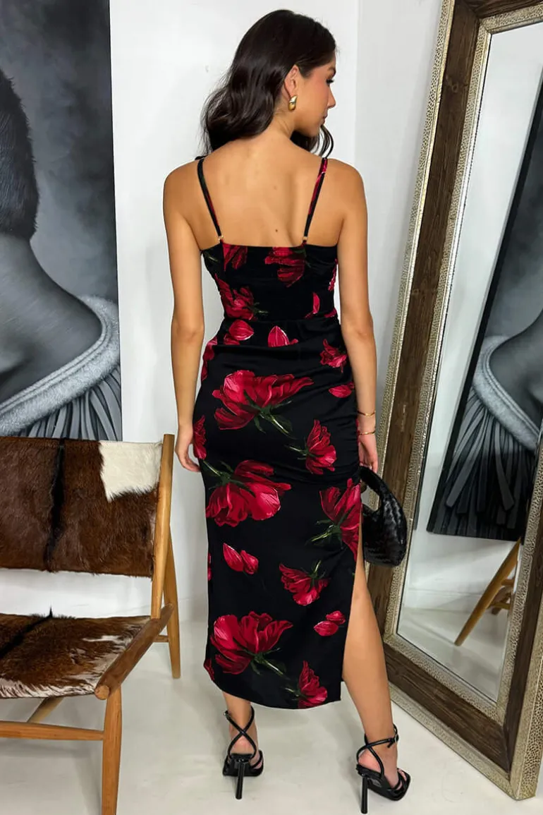 Black And Red Floral Print Ruched Side Strappy Midi Dress