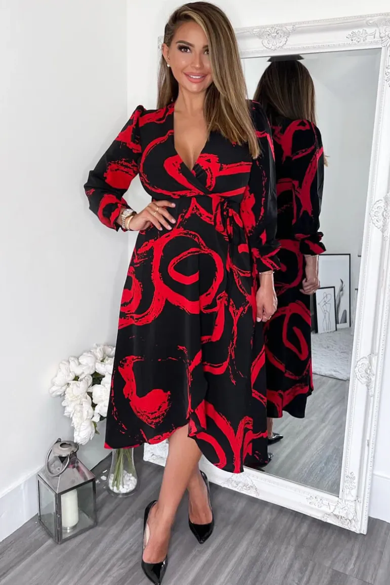 Black and Red Long Sleeve Wrap Midi Dress