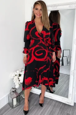 Black and Red Long Sleeve Wrap Midi Dress