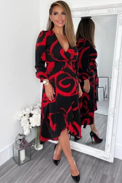Black and Red Long Sleeve Wrap Midi Dress