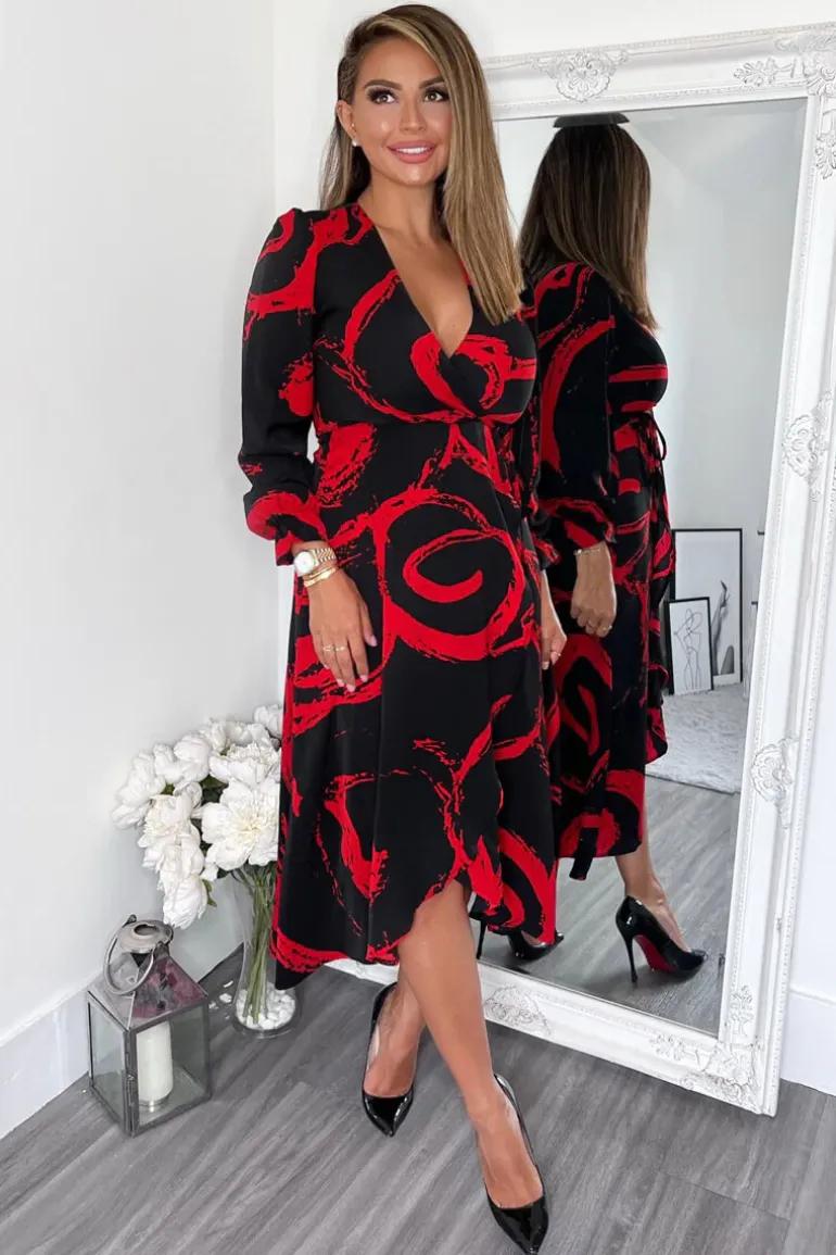 Black and Red Long Sleeve Wrap Midi Dress