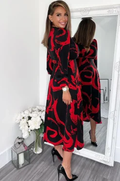Black and Red Long Sleeve Wrap Midi Dress
