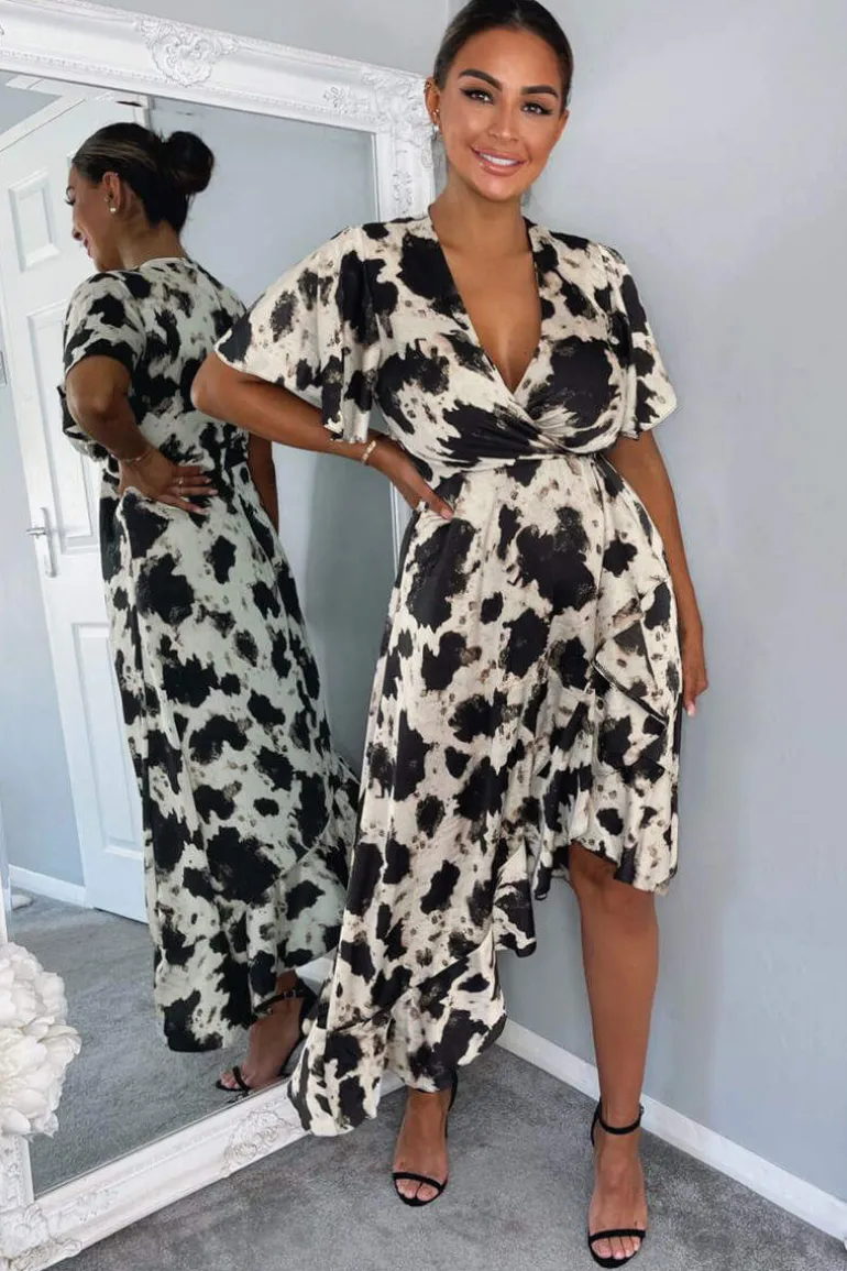Black And Stone Abstract Print Wrap Midi Dress