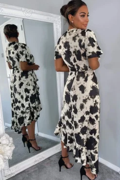 Black And Stone Abstract Print Wrap Midi Dress