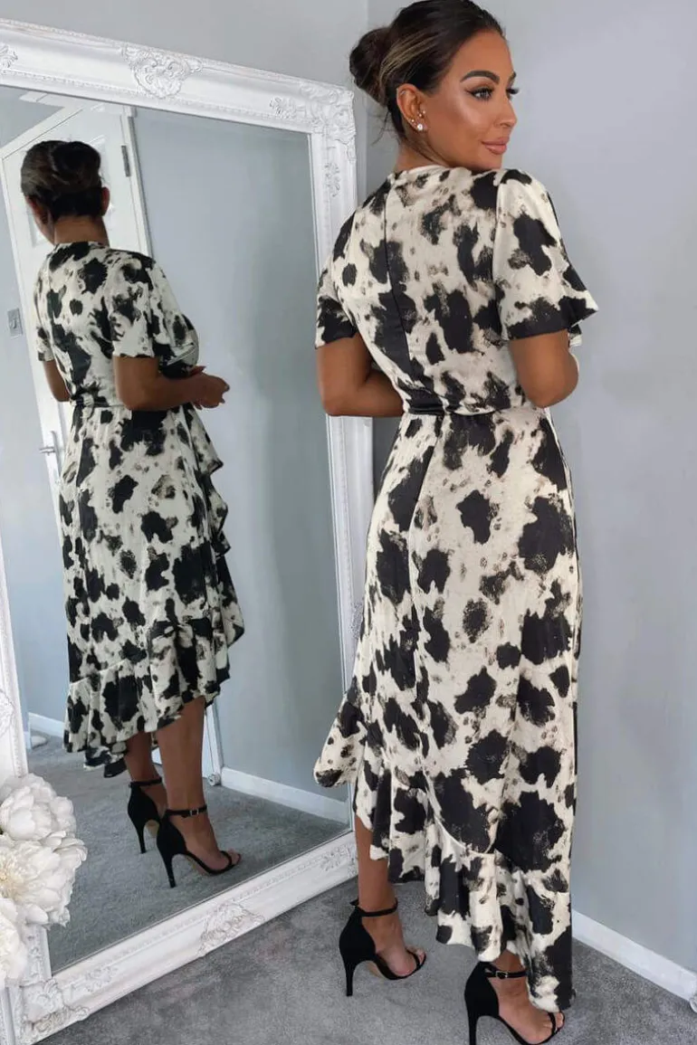 Black And Stone Abstract Print Wrap Midi Dress