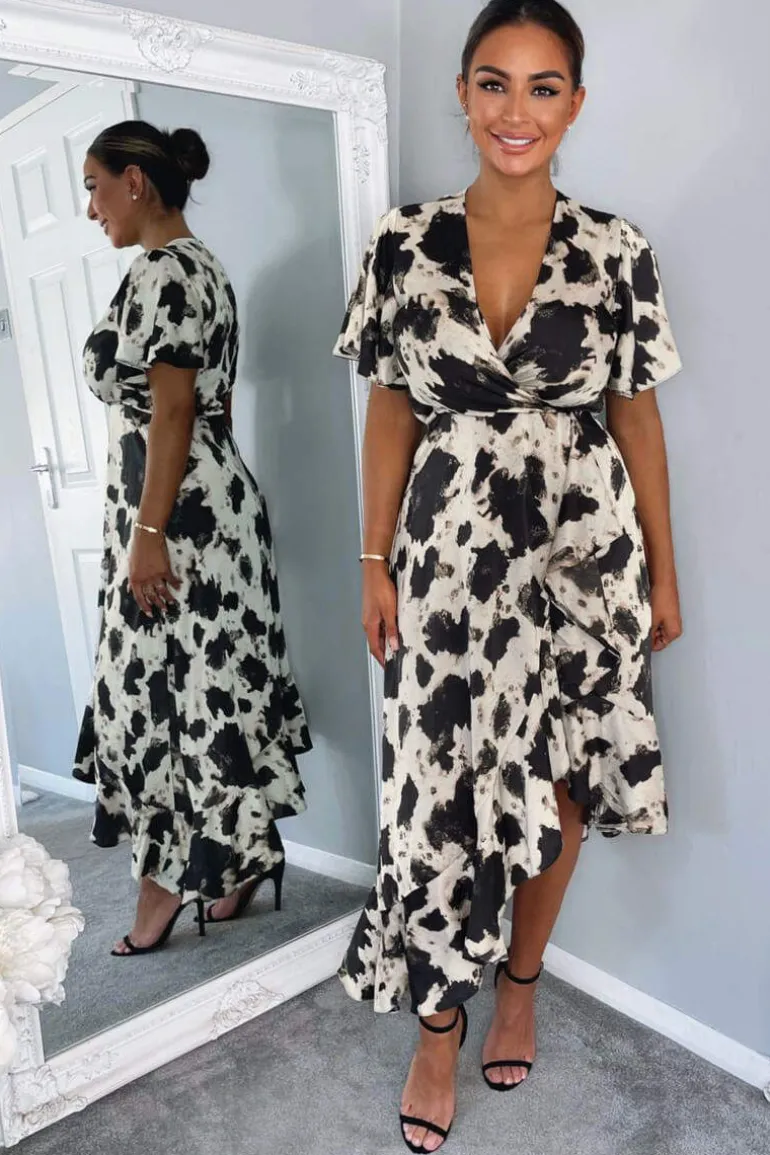 Black And Stone Abstract Print Wrap Midi Dress