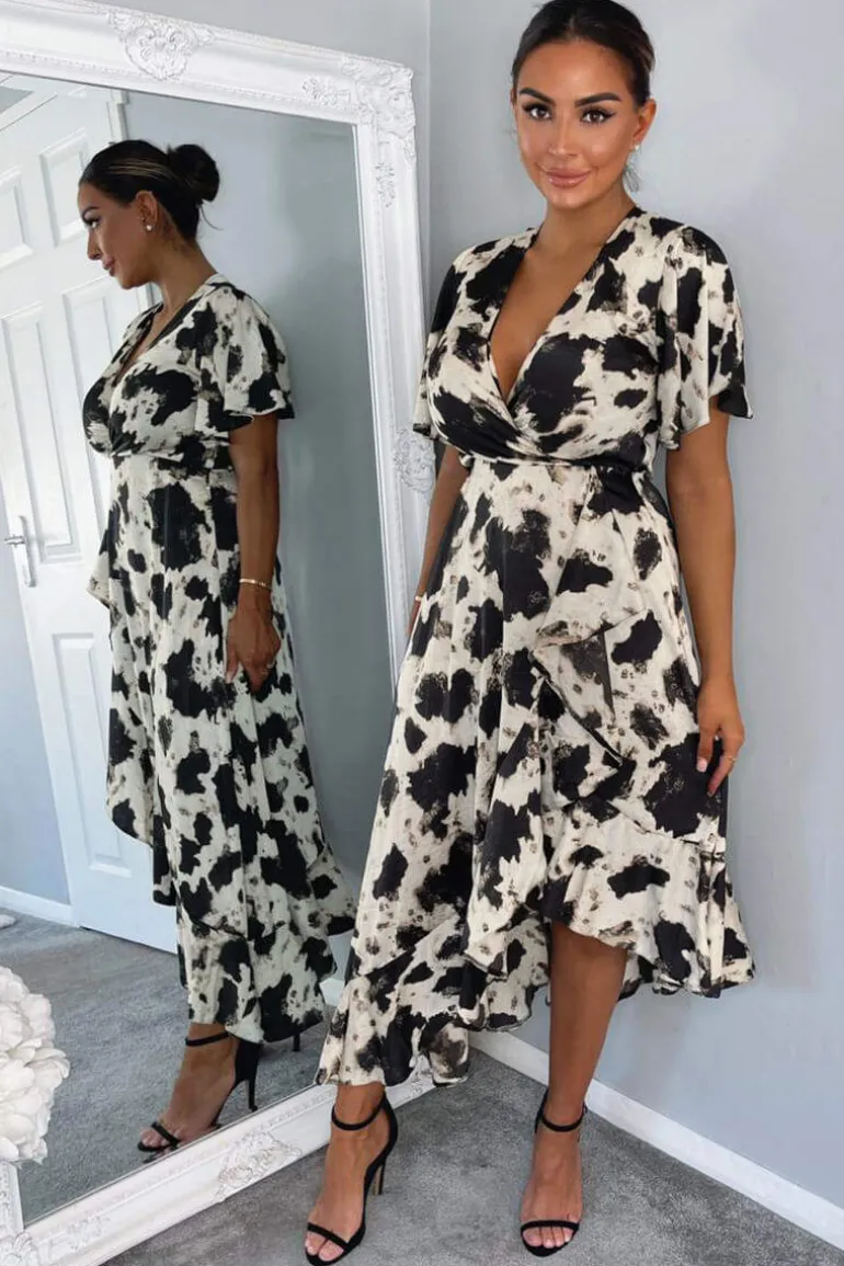 Black And Stone Abstract Print Wrap Midi Dress