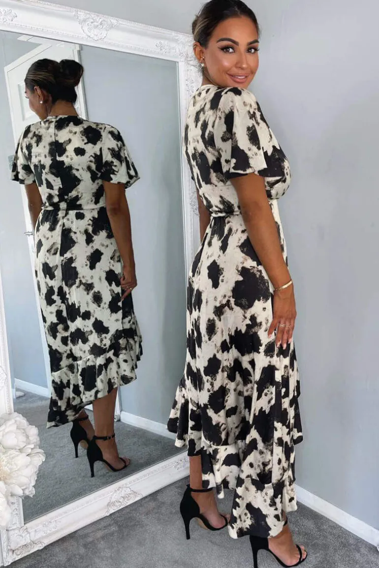 Black And Stone Abstract Print Wrap Midi Dress
