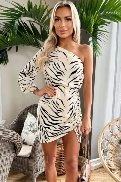 Black And Stone Animal Print One Sleeve Mini Dress