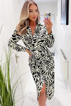 Black and Stone Printed Midi Wrap Dress