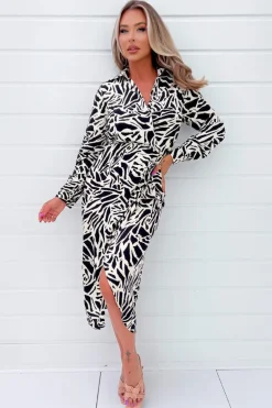 Black and Stone Printed Midi Wrap Dress