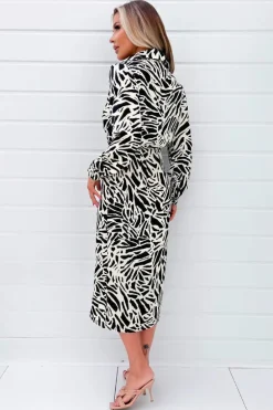 Black and Stone Printed Midi Wrap Dress