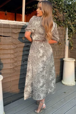 Black And Stone Printed Ruched Side Midi Dress