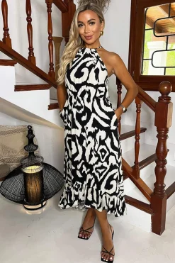 Black And White Abstract Print Racer Neck Frill Hem Midi Dress
