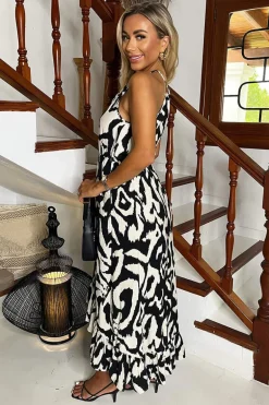 Black And White Abstract Print Racer Neck Frill Hem Midi Dress