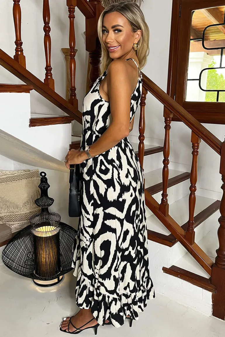 Black And White Abstract Print Racer Neck Frill Hem Midi Dress