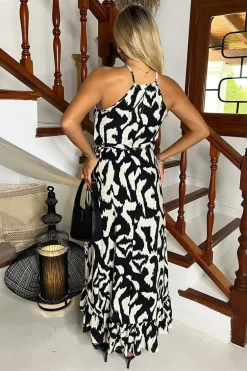 Black And White Abstract Print Racer Neck Frill Hem Midi Dress
