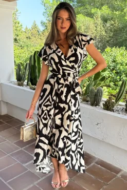 Black And White Abstract Print Short Sleeve Belted Wrap Midi Dress