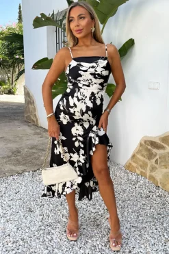 Black And White Floral Print Strappy High Low Frill Hem Midi Dress