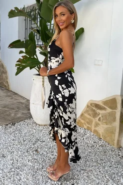 Black And White Floral Print Strappy High Low Frill Hem Midi Dress