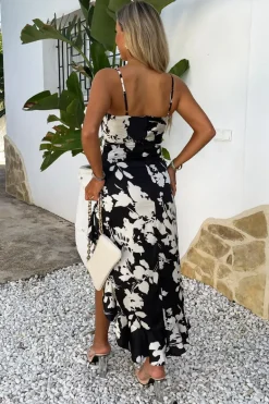 Black And White Floral Print Strappy High Low Frill Hem Midi Dress